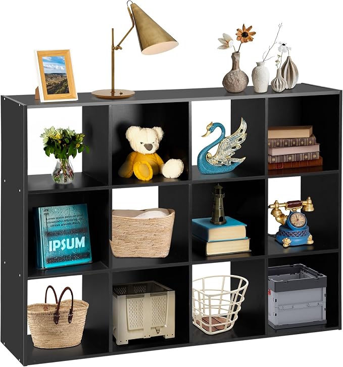 SUPER DEAL 12 Cube Storage Organizer, Open Shelf Bookcase, Wood Cubical Shelves Closet Cabinet Display Unit with 6 Removable Back Panels for Living Room Bedroom, 47 inch Wide, Black