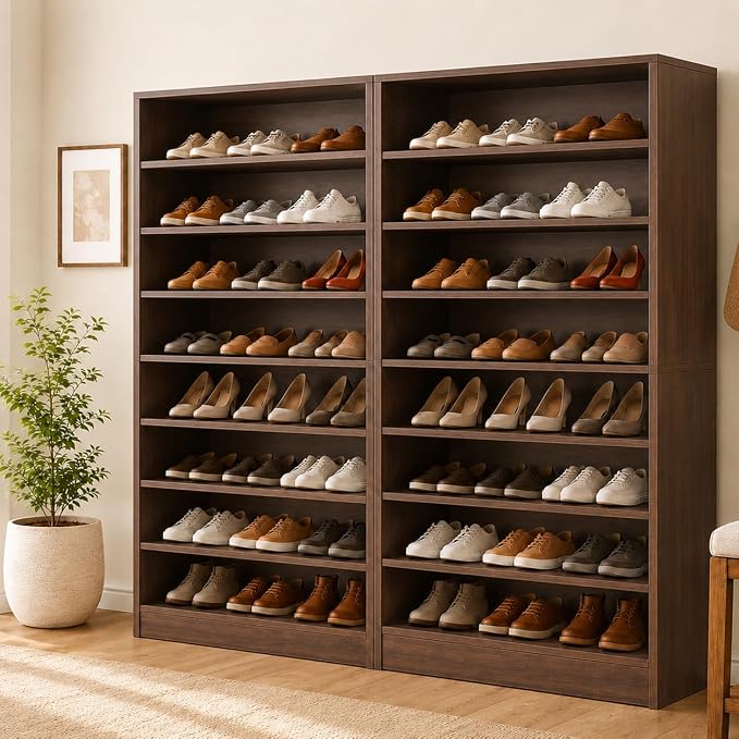 Tall Shoe Rack Cabinet for Closet & Entryway, 2 Pack, Walnut | Wooden Narrow Shoe Organizer Cabinet with Adjustable Shelves, Freestanding, for Bedroom, Hallway