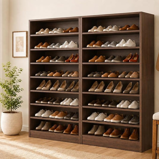 Tall Shoe Rack Cabinet for Closet & Entryway, 2 Pack, Walnut | Wooden Narrow Shoe Organizer Cabinet with Adjustable Shelves, Freestanding, for Bedroom, Hallway