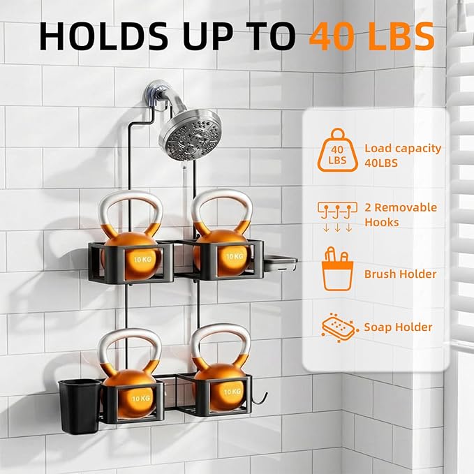 Haging Shower Caddy for Handheld Showerheads,Over Head Shower organizer | Rustproof,Soap Dish,Hooks,Toothbrush Holder,Anti-Swing Adhesive Strip &Suction Cup,For Bathroom,Apartment,RV,Dorm Use,Black