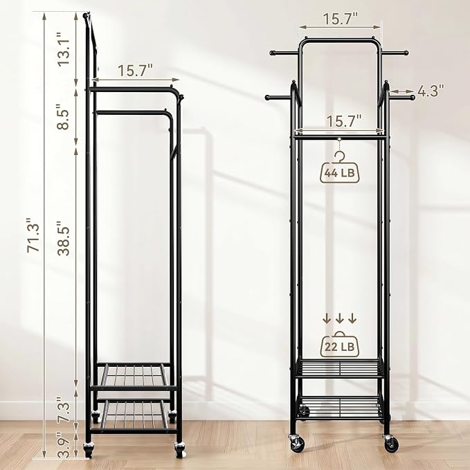 Small Clothing Rack with Wheels, Narrow Rolling Clothes Rack with 2 Shelves | Gasvadivum 71" Tall Sturdy Metal Garment Rack with 4 Hanging Rods & 4 Hooks, Portable Coat Rack for Bedroom, Bathroom, Black