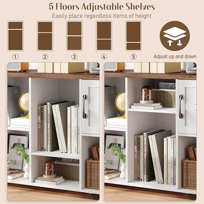 Vabches Wooden Toy Storage Organizer for Kids, Farmhouse Book & Toy Organizer with 6 Open Shelving & 2 Doors, 8-Cube Toy Shelf for Kids’ Room, Playroom & Classroom, White and Brown