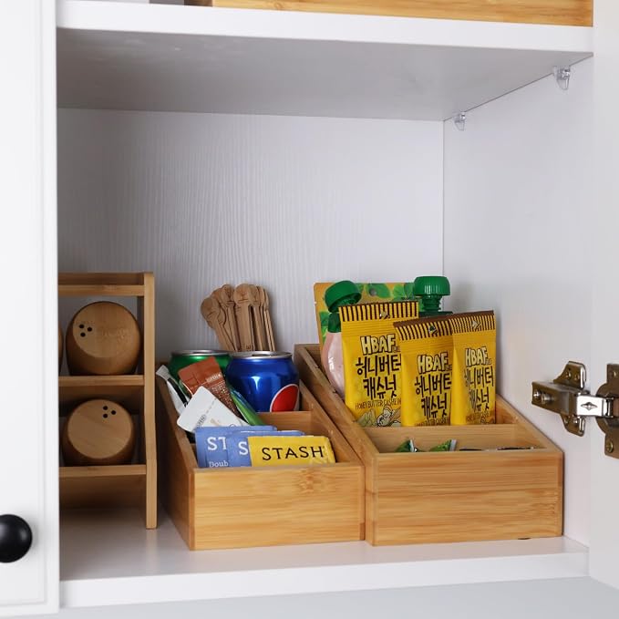 HTB 4-Section Snack Organizer with Removable Dividers for Kitchen 2 Pack | Bamboo Pantry Storage Organization for Spice Packets, Seasoning Pouches, Coffee Pods,Food,Drawer Countertop,Easy Access