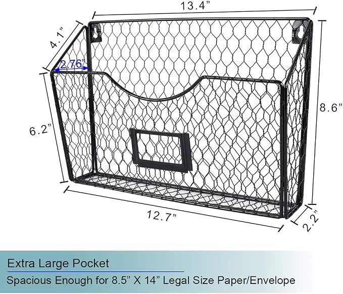 3 Pockets Hanging File Holder Wall Mount Mail Organizer Metal Chicken Wire Magazine Rack with Tag Slot, Black