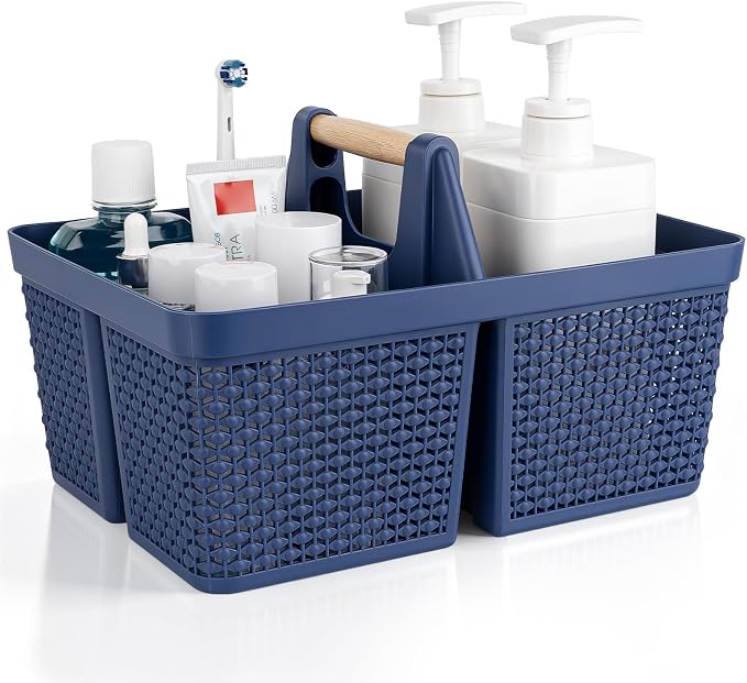 UUJOLY Portable Plastic Shower Caddy Basket with Wooden Handle, Dark Blue | Divided Storage Organizer Tote for Bathroom, Dorm, College, Kitchen & RV – Lightweight, Easy-Carry Essentials Caddy