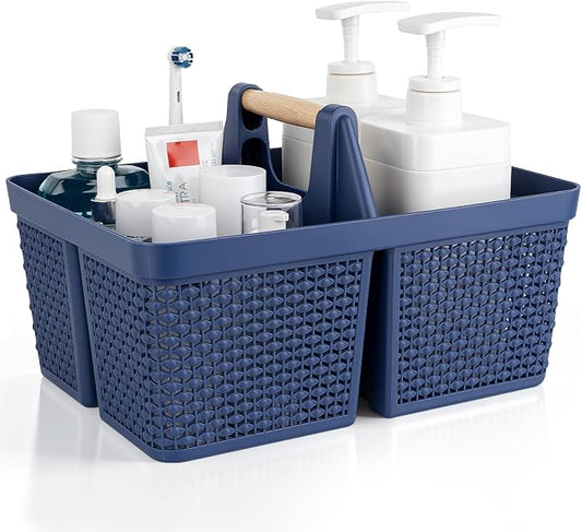 UUJOLY Portable Plastic Shower Caddy Basket with Wooden Handle, Dark Blue | Divided Storage Organizer Tote for Bathroom, Dorm, College, Kitchen & RV – Lightweight, Easy-Carry Essentials Caddy