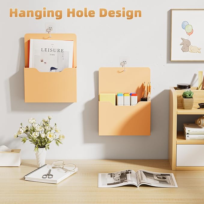 Marbrasse Magnetic File Holder - Magnetic Paper Holder, Pocket Organizer Office Supplies Storage Mail Organizer for Notebooks,Planners,Letter (Orange)