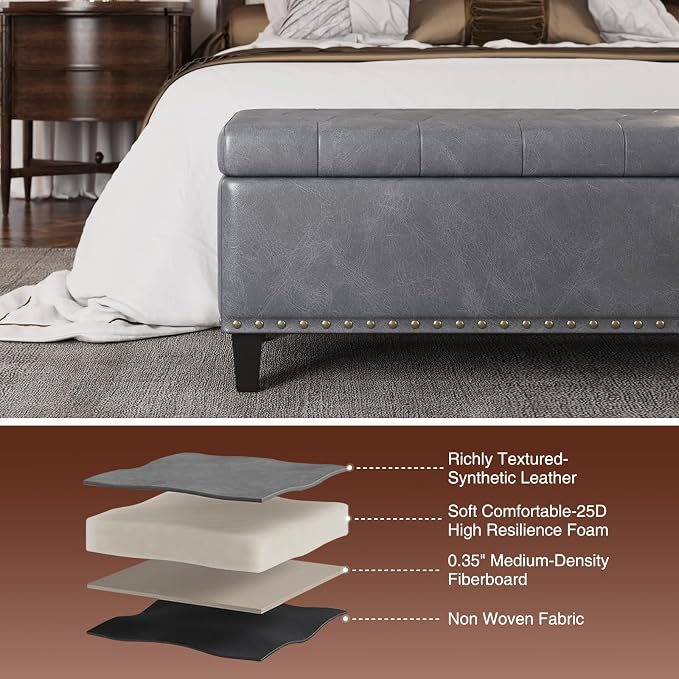 FiveWillowise 51 Inch Storage Ottoman Bench,Large End of Bed Storage Bench | Faux Leather Ottoman with Storage,30 Gallons,Upholstered,with Nailhead Trim,Legs,for Bedroom,Living Room,Entryway,Grey
