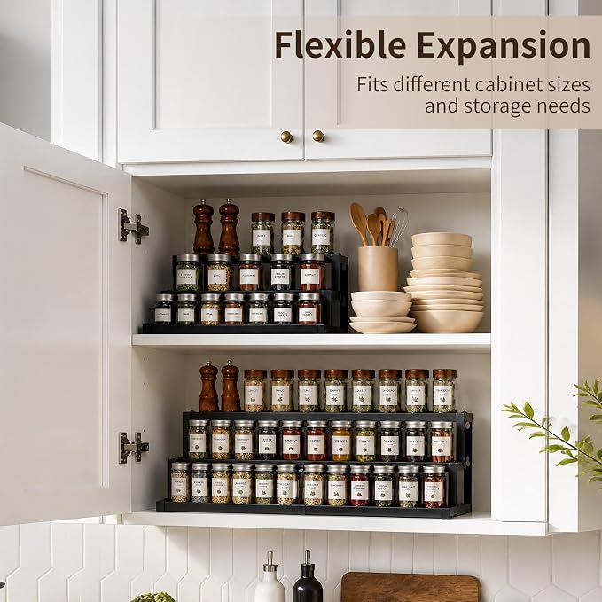 Expandable Spice Rack Organizer for Cabinet, 3-Tier Adjustable Spice Shelf 16"-29", Seasoning Organizer for Cabinet, Pantry & Countertop, Storage Rack for Jars, Bottles & Cans