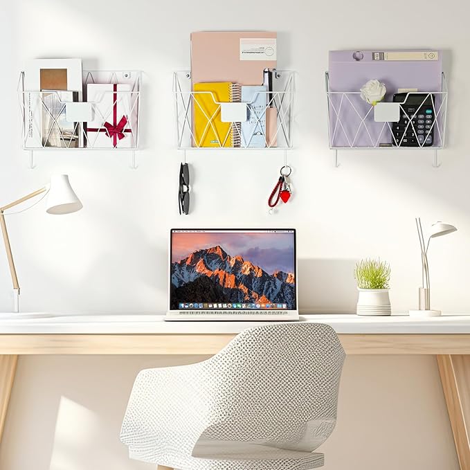 Wall File Organizer for Office, 6 Pack Metal Wall Baskets Wall File Holder | Hanging File Organizer with Hooks, Tag Slot, Mail Organizer Wall Mounted, Paper Document Magazine Organizing, Save Space
