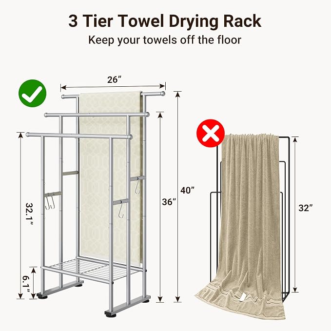ELYKEN 3 Tier Freestanding Towel Rack with Shelf, 40" H Towel Stand, Silver | Metal Drying Rack for Oversized Bath Towels & Blankets, 4 Hooks, Indoor & Outdoor Use, Fits Bathroom, Tub, Shower, Poolside