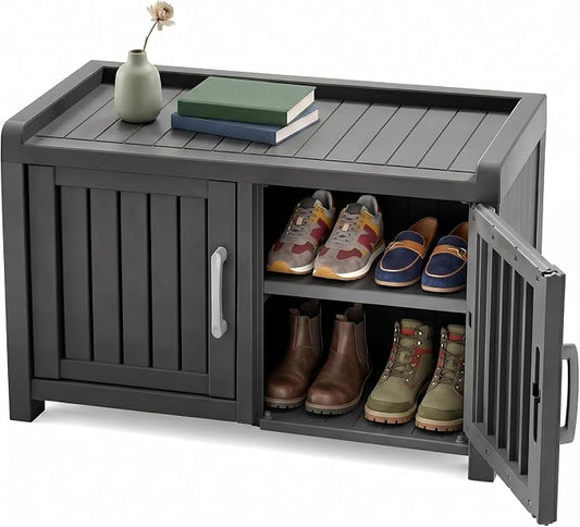 ROJIK Outdoor Shoe Storage Bench, Shoe Cabinet Double Door, Black | Waterproof UV-Resistant,Storage Bench Indoor Outdoor with Adjustable Shelves,for Entryway Bedroom,Hallway,Living Room