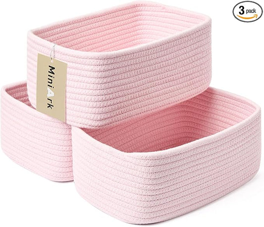 MiniArk Small Storage Baskets for Organizing | Closet Organizer Bins | Shelf Toy Basket | Woven Rope Baskets | Cube Decorative Box | Shallow Basket | 11.5x7.5x4.7” | 3 Packs Light Pink