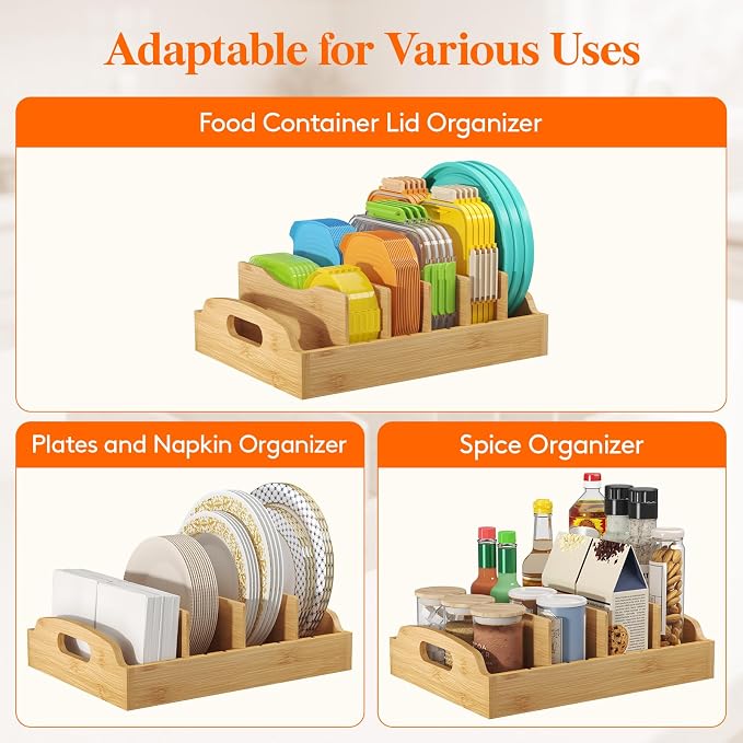 Lifewit Bamboo Lid Organizers for Inside Cabinet, Food Storage Container Lid Holder with 5 adjustable Inserts & 6 Sections, Kitchen Pantry organizer and storage, Large, 13.2" x 10"/34 x 25cm