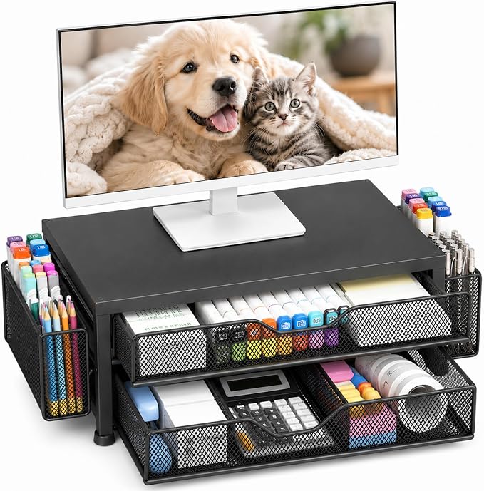 OPNICE Desk Organizer and Accessories, 2-Tier Computer Monitor Stand Riser with Drawer and 2 Pen Holders, Laptop Stand, Office Desk Accessories for Office Supplies, Black-2D
