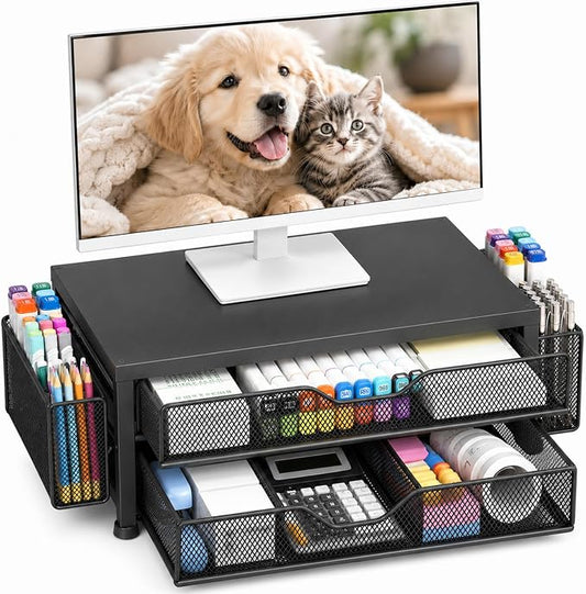 OPNICE Desk Organizer and Accessories, 2-Tier Computer Monitor Stand Riser with Drawer and 2 Pen Holders, Laptop Stand, Office Desk Accessories for Office Supplies, Black-2D