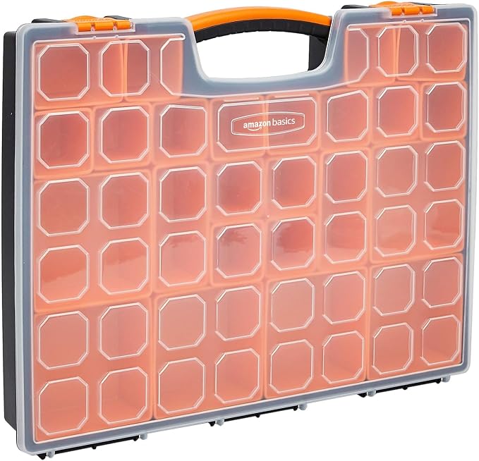 Amazon Basics 19-Removable Compartment Small Parts Organizer, Portable Hardware Storage Box with Customizable Compartments, Black, Orange, 16.5 x 13.2 x 2.4 inches