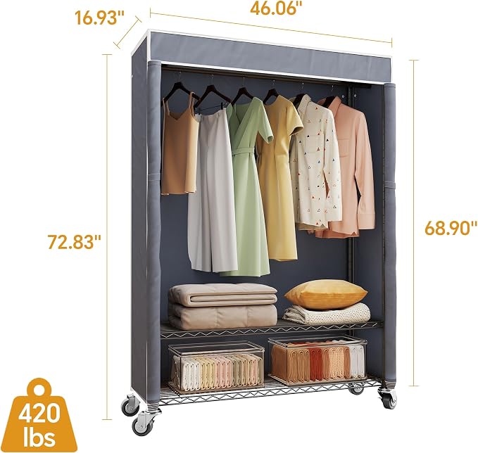 Higeego H4 Plus Rolling Clothes Rack with Cover, Black with Grey Cover | Heavy Duty Clothing Rack with Wheels, Portable Closet for Hanging Clothes, Wardrobe Closets Rack with Grey Oxford Cover