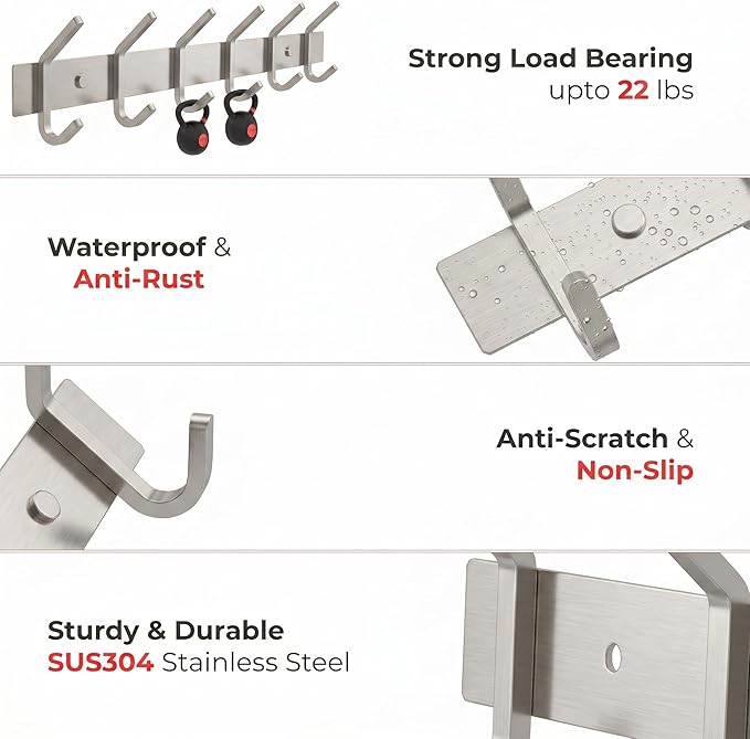 Coat Rack Wall Mount – Brushed Nickel 17 Inch Stainless Steel Hook Rail with 6 Heavy Duty Double Coat Hooks – Wall Mounted Coat Hanger for Entryway, Bathroom, Bedroom, Towel, Hat Organizer