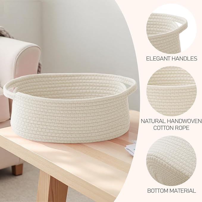 JMvicyroam Small Woven Basket, Empty Gift Basket, White/1 Pack | Small Gift Basket, Cotton Rope, 12 x 8 x 6 in, Handles, Includes Ribbon and Bag, Birthday Gift Basket