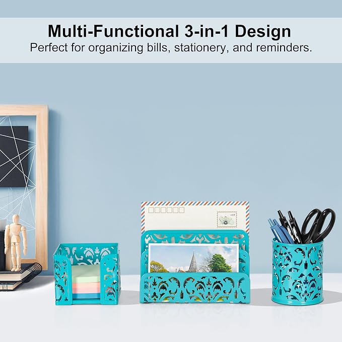 EasyPAG Desk Organizers and Accessories 3 Pieces Office Organizer Set - Pen Holder for Desk, Mail Sorter Countertop and Sticky Note Holder, Dark Teal