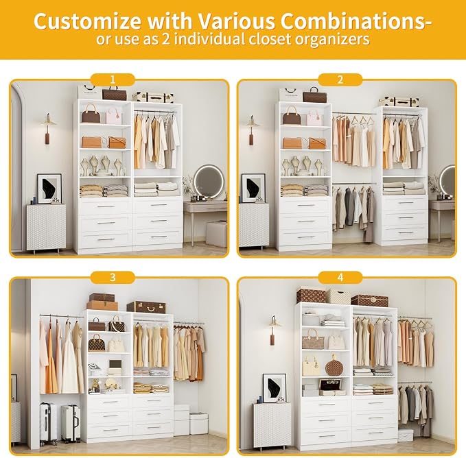 Closet System with 12 Drawers, 96" Wooden Closet Organizer System | 8–21FT Walk-in Storage Modular Closet Systems with 10 Shelves, 6 Expandable Hanging Rods, 4 Sets, Engineered Wood.