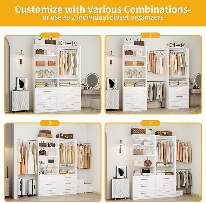 Closet System with 6 Drawers, Wood Closet Organizer System, Walk-in Closet or Small Closet System with Shelves, Modular Closet Systems with 3 Expandable Hanging Rods, 2 Sets, White (4FT)