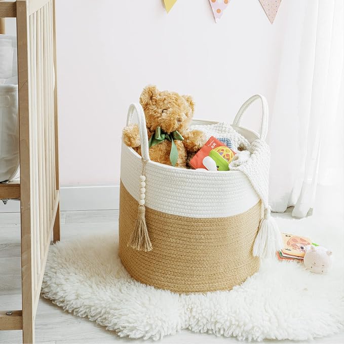 Mkono Woven Storage Basket for Blanket, Toys Plant Organizer, 16"W x 13.8"L | Cream White and Brown, Decorative Basket with Handle, Wood Beads Tassel, Shoes Towel Storage Bin, Living Room Bedroom Nursery