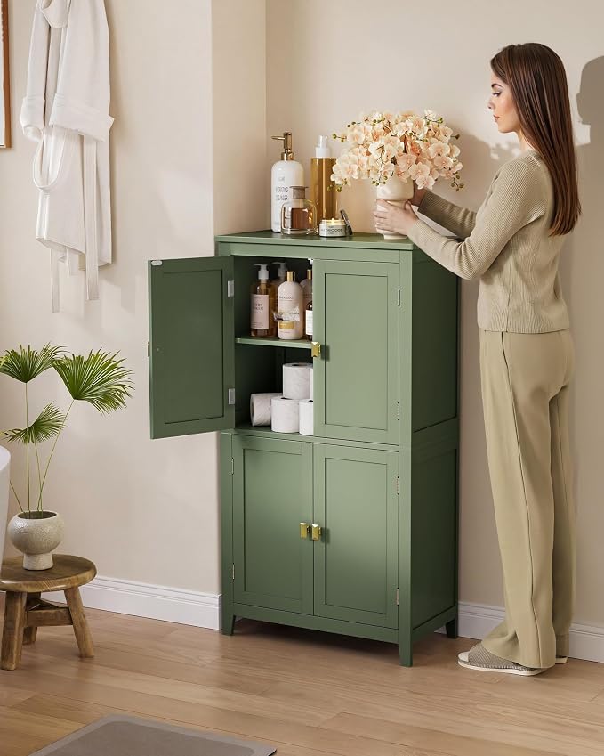 SONGMICS HOME Freestanding Storage Cabinet, Floor Cabinet with Elevated Legs, Metal Handles, for Living Room, Kitchen, Bathroom, Green