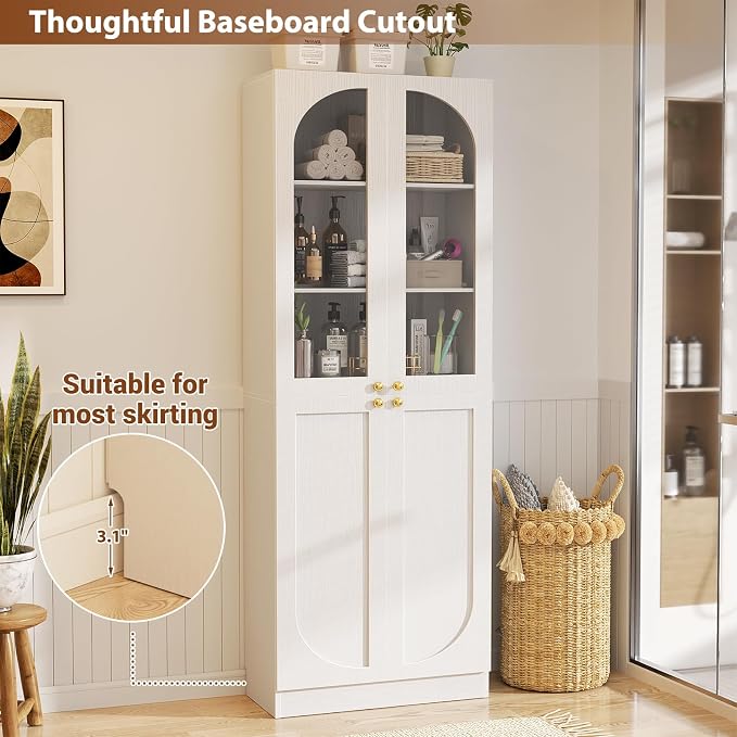 Cyclysio 80" Kitchen Pantry, Tall Arch Storage Cabinet with Tempered Glass & Soft Close Doors, Freestanding Wood Floor Cupboard Bookcase with Seamless Fit Wall for Dining Living Room, Bathroom (White)