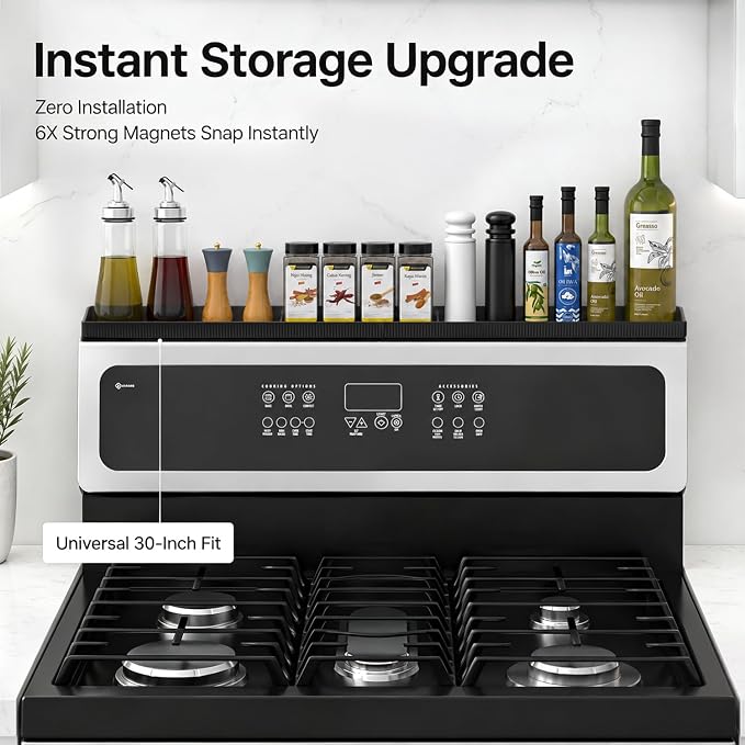 30" Magnetic Stove Top Shelf, Silicone Over the Stove Spice Rack Organizer | Heat Resistant Silicone, Anti-Rattle No-Scratch Range Shelf, 3 Functional Partitions Kitchen Storage for Spices