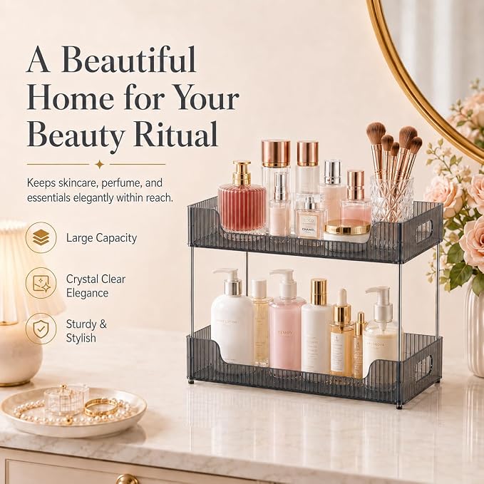 Goderewild 2 Tier Bathroom Counter Organizer, Multi-Purpose Cosmetics Skincare Shelf, Makeup Organizer for Vanity Tray, Countertop Storage Solution for Kitchen and Bath. (Smoky Gray)
