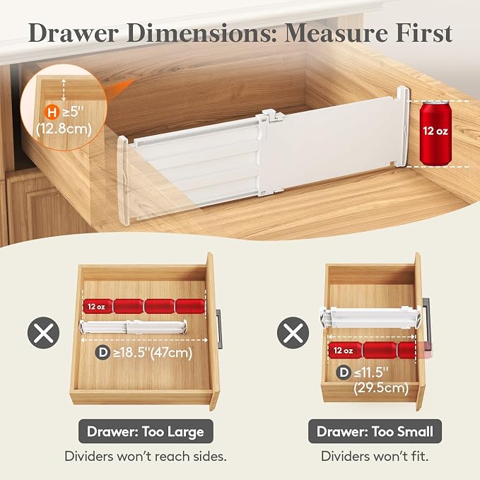Lifewit 6 Pack 5" High Drawer Dividers for Clothes, 11.5"-18.5" Expandable Dresser Drawer Organizers, Adjustable White Plastic Separators for Kitchen, Cabinet, Nursery, Socks & Underwear Storage