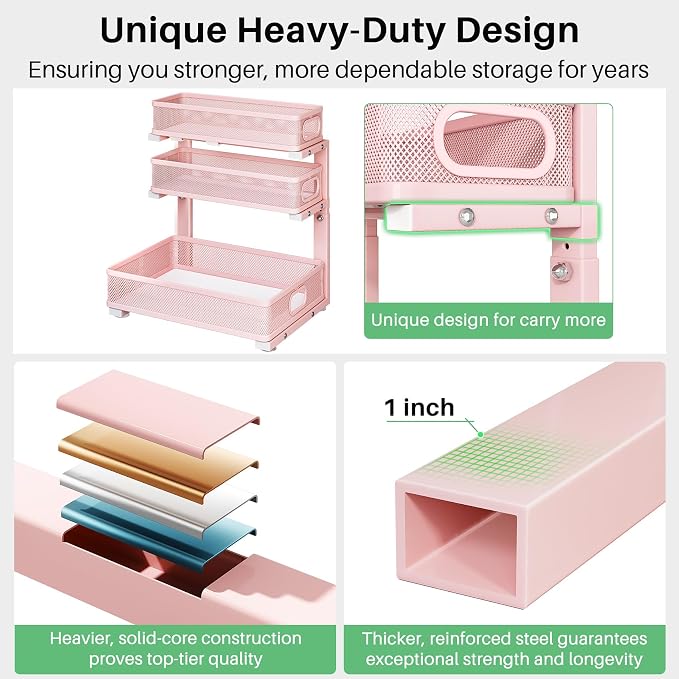 Kitstorack Under Sink Organizer, 2-Pack 3-Tier Height Adjustable Thickened Metal Pull out Cabinet Organizer Shelf, Slide out Storage Drawer Rack for Bathroom Kitchen Pantry Home Organization, Pink