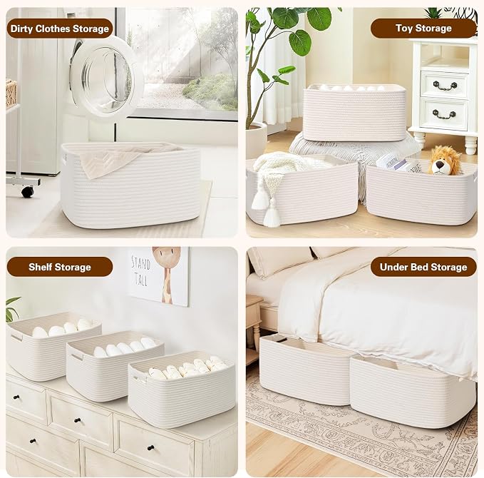 2 Pack Large Storage Basket for Organizing, 17.5"x13"x7" Woven Basket for Shelves, Closet Cube Storage Bins with Wrapped Handle, Cotton Rope Baskets for Kitchen, Clothes, Toys(Off White)