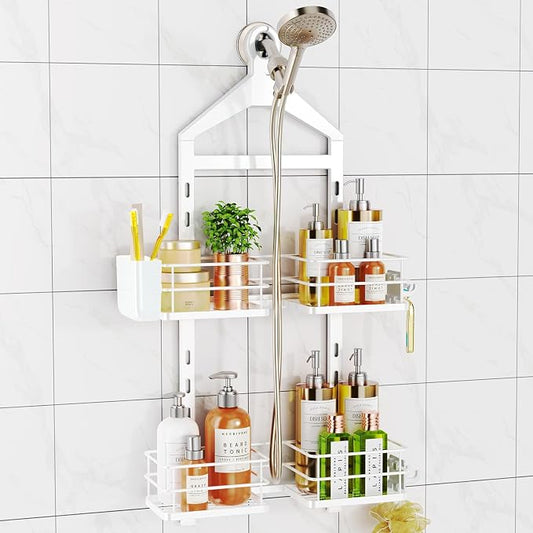 ODesign 2 Tier Shower Caddy for Handheld Shower Heads Anti-Swing White | No drilling required,comes with removable hook and storage box,suitable for handheld and wall-mounted showerheads