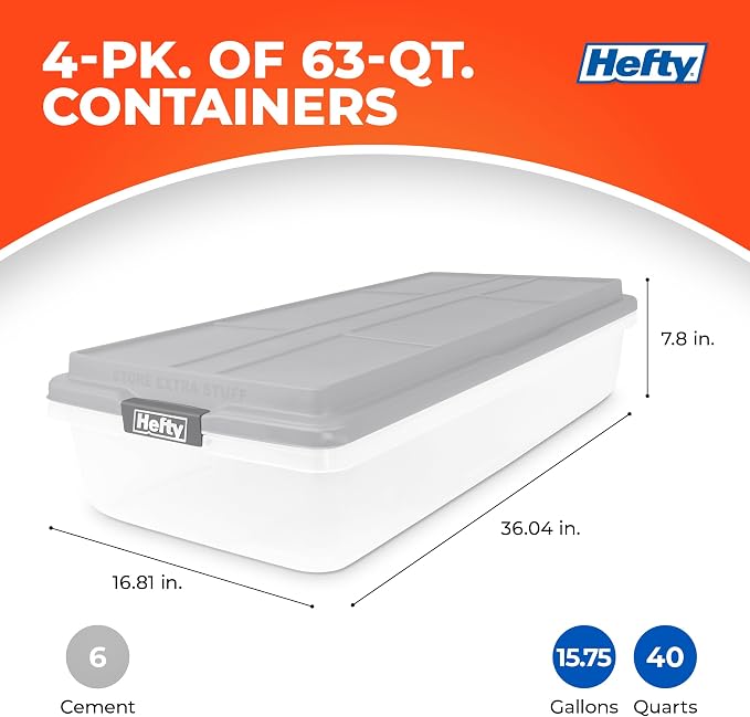 Hefty 63 Qt Hi-Rise Storage Bin with Lid, Stackable Plastic Storage Container, Organizer for Home, Garage & Closet, 4 Pack, Gray