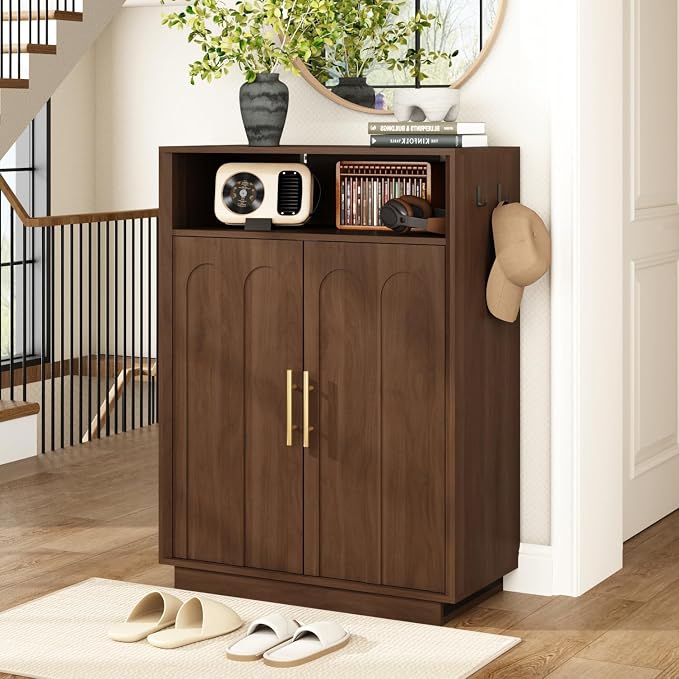 Shoe Cabinet with Arched Doors, 43" Hidden Shoe Storage, Walnut | Tall Large, Adjustable Shelves, 5-Tier Mid Century Modern Shoe Rack Organizer, for Entryway Hallway Living Room