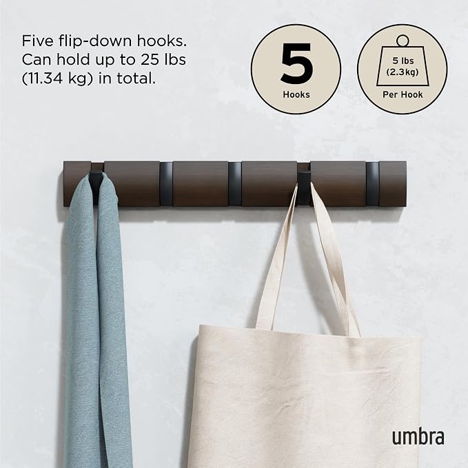 Umbra Flip Coat Rack, Wall Mounted 5-Hook Space Saving, Walnut/Black | Real wood and steel build, retractable hooks fold flat, holds coats bags and scarves, easy install