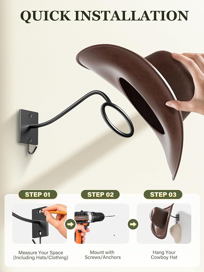 Cinati Cowboy Hat Rack for Wall 6 Pack, Cowboy Hat Holder Wall Mount, Western Rustic Metal Hats Hanger Hooks Organizer for Fedora,Sun Hats,Wide Brim, Extra Hooks for Baseball Caps,Western Room Decor