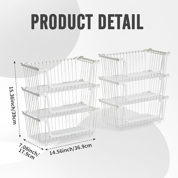 GAOKASE 6 Pcs Stackable Wire Baskets for Pantry Organizers and Storage, | Vegetable Fruit Basket for Countertop,Kitchen Storage Metal Baskets,Produce Potato Onion Storage Bin,White