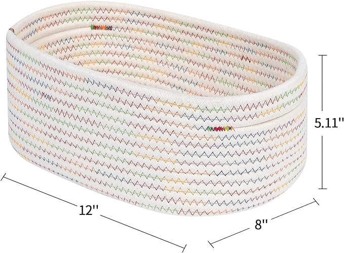 CubesLand Rectangle Woven Cotton Rope Storage Basket for Organizing | Small Basket for Kids, Baby Nursery, Cat Dog Toy Baskets, Organizer Bins for Shelves Rainbow Stitches