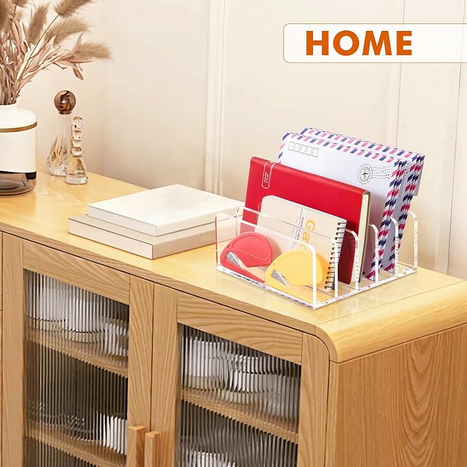 BEYGORM Acrylic Mail Holder, 5 Compartments Multifunction Desk Organizer | Clear Vertical Letter Sorter with Dividers, Modern Office & Home Storage for Bills, Documents & Folders