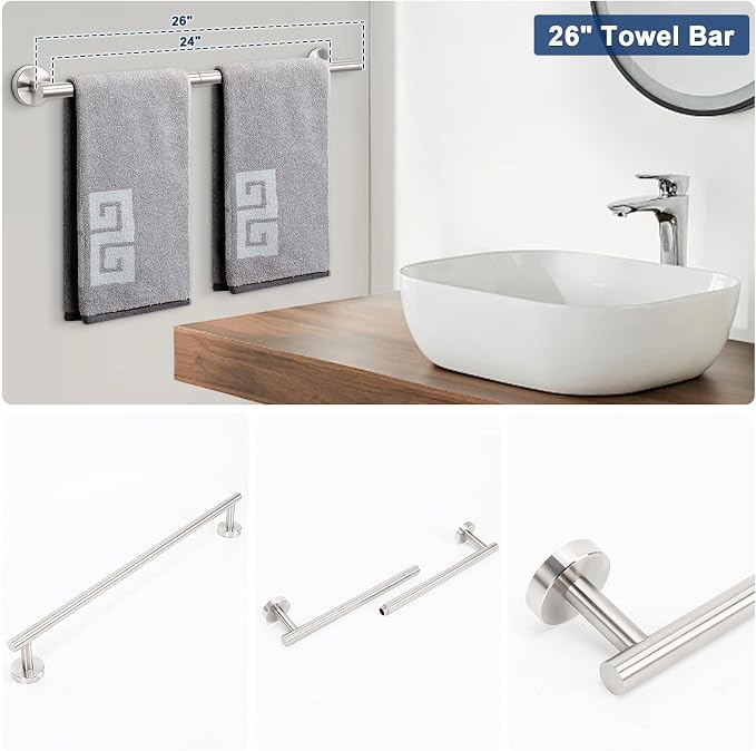 NearMoon 10 Pieces Bathroom Hardware Set SUS304 Thicken Stainless Steel-Towel Rack Kit Include 26" Towel Rod + Bath Towel Ring + Toilet Paper Holder + Robe Towel Hooks Bath Accessories (Nickel)