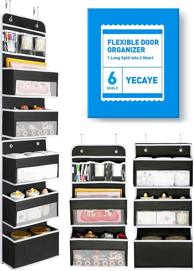 Yecaye 2-in-1 Over The Door Organizer for Nursery Closet Bathroom Dorm | 6 Tier Door Organizer Hanging for Newborn Baby Essentials Pantry, Heavy Duty Behind the Door Storage Stuffed Animal Black