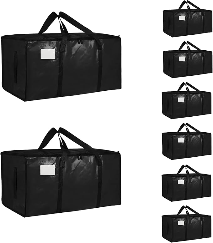 8 Pack-Extra Large Heavy Duty Moving Bags - Waterproof Storage Totes with Handles & Zippers, Foldable for College Dorm, Storage (Black)
