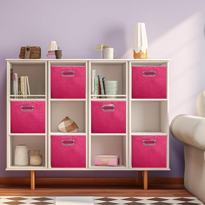 ShellKingdom Storage Bins, Foldable Fabric Storage Cubes with Metal Handle | Cloth Storage Organizer Drawer For Closet And Toys, 11 X 10.5 X 10.5 INCH, 2 Pack (Fuchsia)