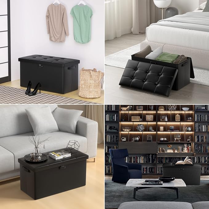 ENGPOW Storage Ottoman Bench,Fireproof Folding Bench with Lock,30 Inches Fire＆Water Resistant Storage Chest Foot Rest Stool Leather Bedroom Bench with Storage Safe for Document,Valuables,Black