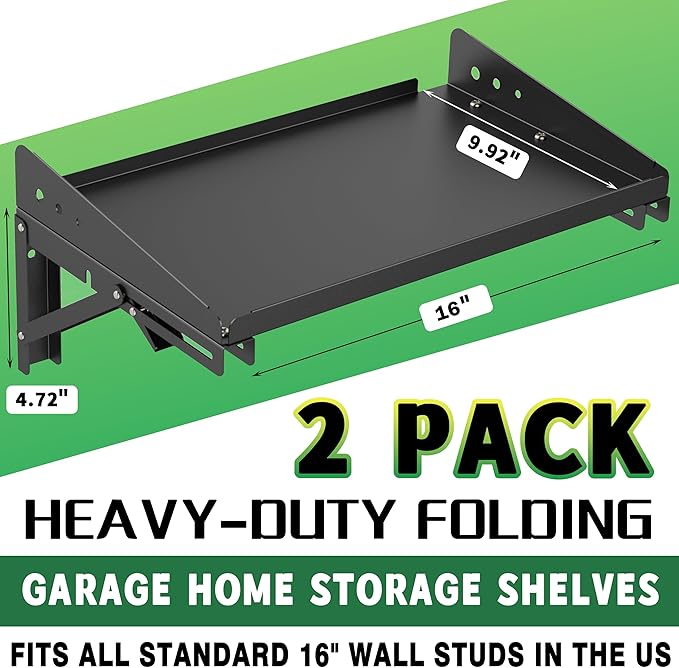 ULIBERMAGNET Garage Folding Storage Rack Shelves,200LB Metal Wall Mounted Adjustable Rail Shelf for Garage,Power Tools,Toolbox,Storage Shelves with Lip for Workshop Kitchen Office (2 Pack)