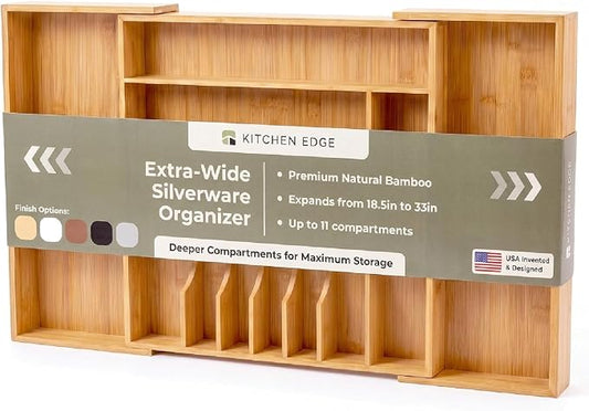 KitchenEdge Silverware & Utensil Drawer Organizer, 18-33 in, Bamboo | Cutlery, flatware, food-safe contract grade, kitchen drawer fit